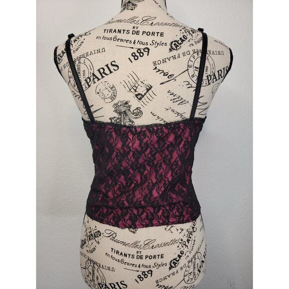 Y2K Pink Black Lace Overlaid Corset Top M Goth Ravewear Lace Up Romantic Fairy - Picture 5 of 8